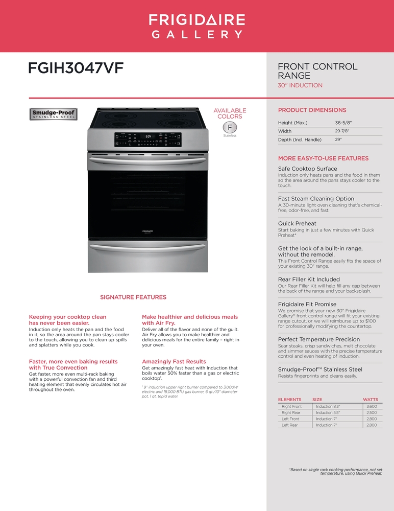 Frigidaire FGIH3047VF 30 Inch Front Control Freestanding Induction Range with Ceramic Glass