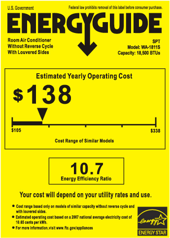 Sunpentown WA1811S 18,500 BTU Room Air Conditioner with 1,000 - 1,250 ...