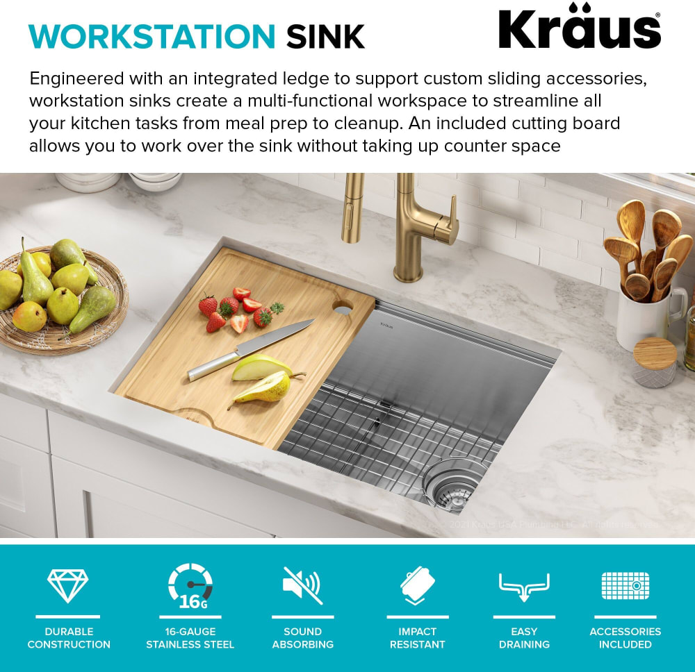 Kraus KWU11028 Kore™ 28 Inch Undermount Workstation Single Bowl Kitchen Sink  with 5-Piece Sink Kit, Heavy-Duty 16 Gauge Steel, Rust-Resistant Finish,  Roll-Up Dish Drying Rack, Bamboo Cutting Board, and Lifetime Limited  Warranty