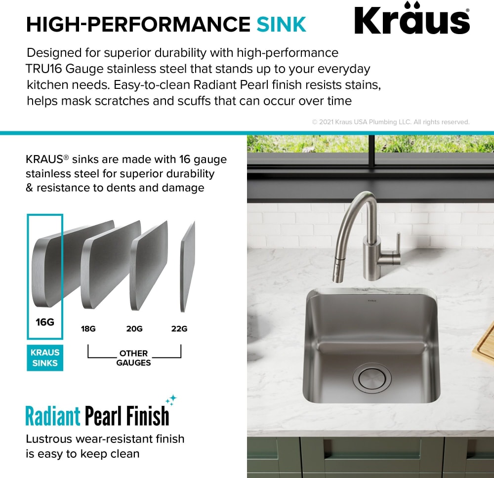 Kraus KA1US17B Undermount Single Bowl Kitchen Sink with Heavy-Duty 16 Gauge  Stainless Steel, NoiseDefend™ Pads, Dishwasher Safe Stainless Steel Grid,  Versidrain Assembly, Rear Center-Set Drain, and Rounded-Radius Corner: 17  Inch