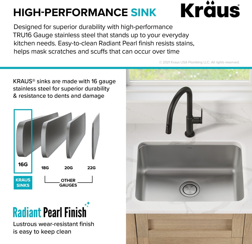 Kraus KA1US25B Undermount Single Bowl Kitchen Sink with Heavy-Duty 16 Gauge  Stainless Steel, NoiseDefend™ Pads, Dishwasher Safe Stainless Steel Grid,  Versidrain Assembly, Rear Center-Set Drain, and Rounded-Radius Corner: 25  Inch