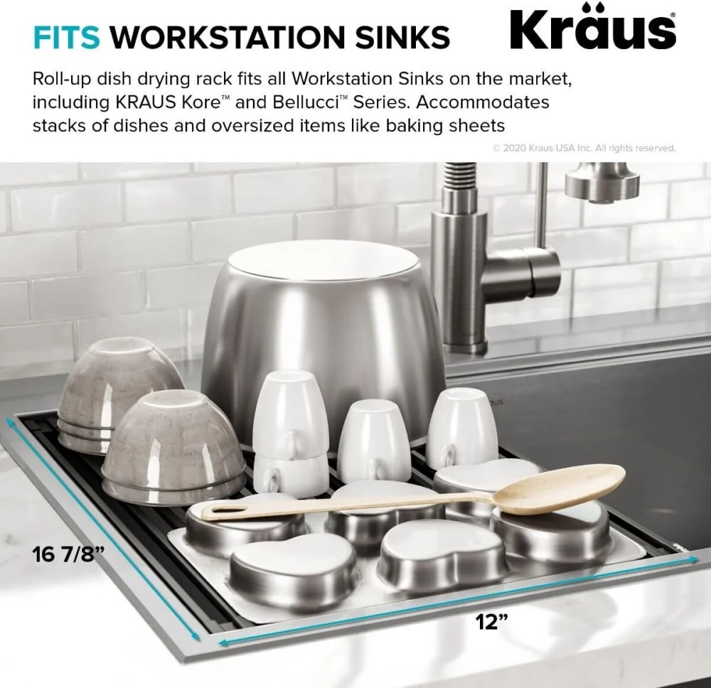 Kraus KRM11BL Multipurpose Workstation Sink Roll Up Dish Drying Rack with Food Safe and FDA Approved Silicone Black