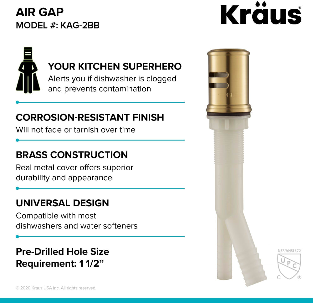 Kraus KAG2BB 2 ½ Inch Dishwasher Air Gap with Air Gap Kit, Solid Brass