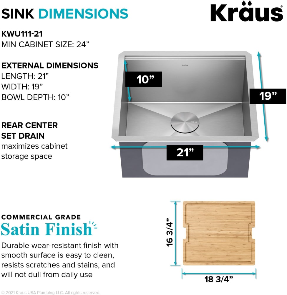 Kraus KWU11121 21 Inch Kore™ Undermount Workstation Single Bowl Kitchen Sink with 4Piece Sink