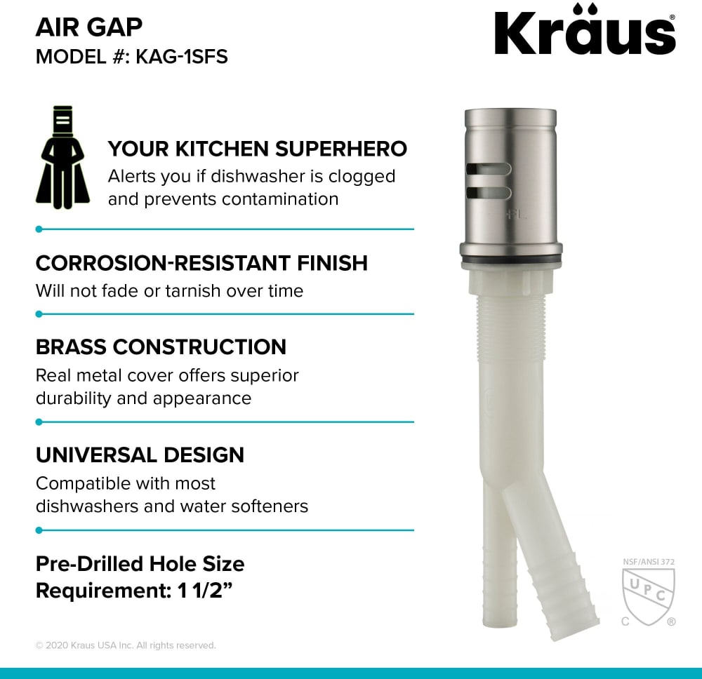 Kraus KAG1SFS 2 ½ Inch Dishwasher Air Gap with Air Gap Kit, Solid Brass