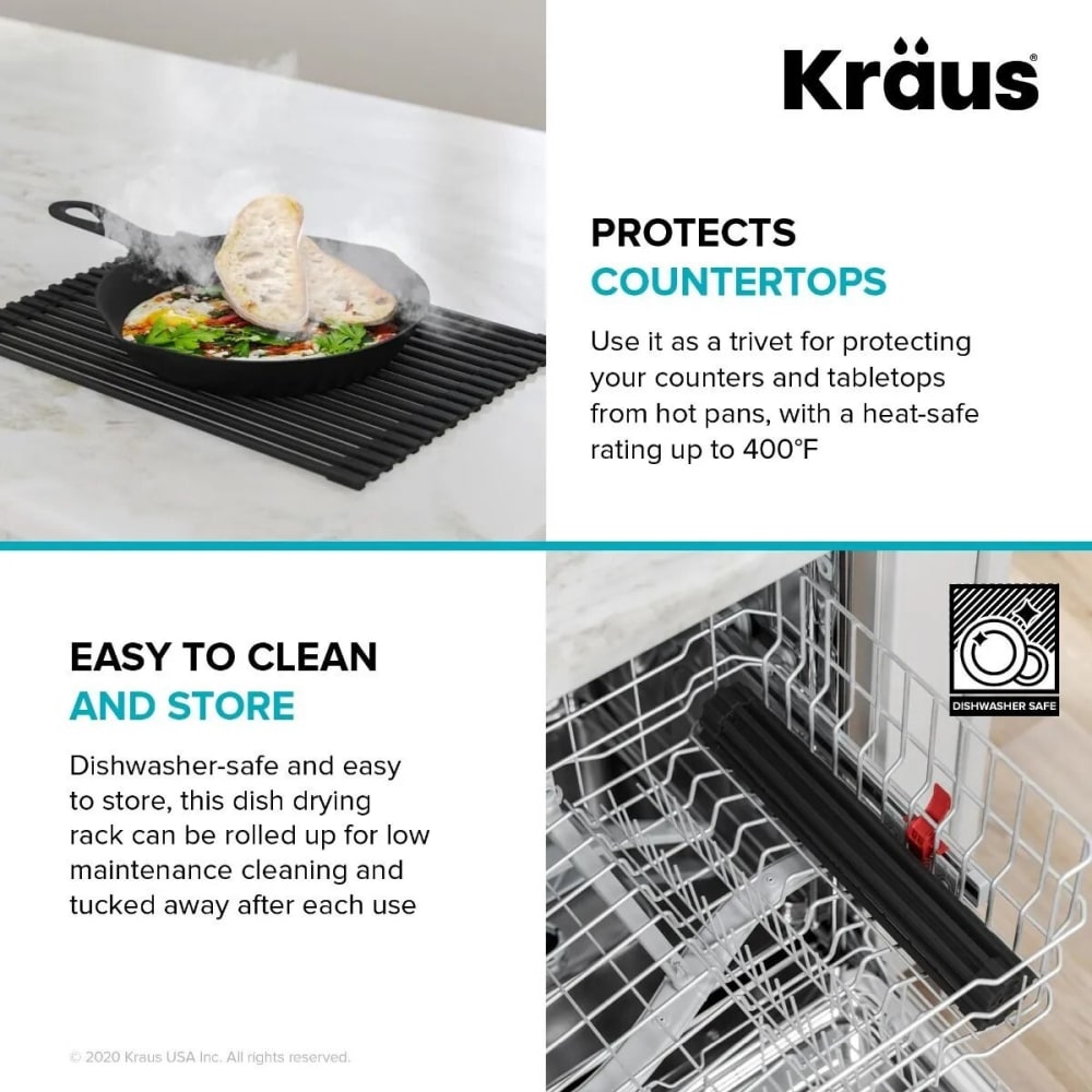 Kraus KRM11BL Multipurpose Workstation Sink Roll Up Dish Drying Rack with Food Safe and FDA Approved Silicone Black
