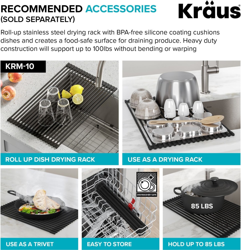 Kraus KA1US25B Undermount Single Bowl Kitchen Sink with Heavy-Duty 16 Gauge  Stainless Steel, NoiseDefend™ Pads, Dishwasher Safe Stainless Steel Grid,  Versidrain Assembly, Rear Center-Set Drain, and Rounded-Radius Corner: 25  Inch