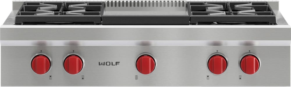 Wolf SRT364GLP 36 Inch Pro Style Gas Rangetop with 4 Dual Stacked Sealed Burners Porcelain Coated Cast Iron Continuous Grates Infrared Griddle Simmer Melt Feature Automatic Reignition and Star K Certi...