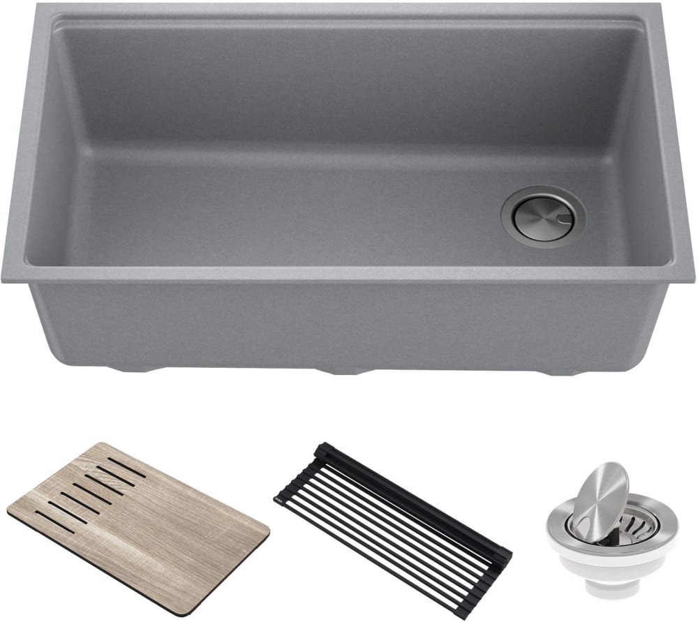 Kraus KGUW233MGR 33 Inch Undermount Workstation Single Bowl Kitchen Sink  with Accessories, Versidrain Assembly, Rear Off-Set Drain, ISTA Packaging,  and cUPC Certified: Metallic Gray