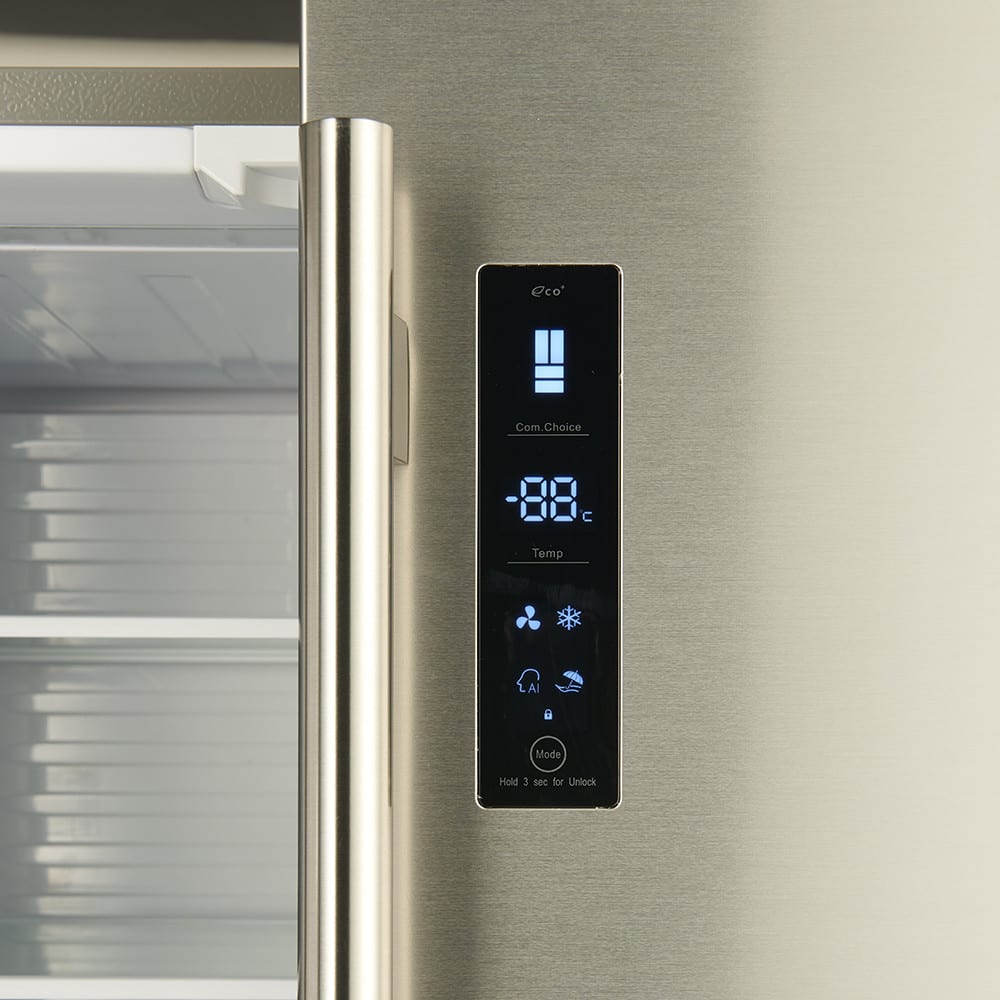 Forno FFFFD190733SB 33 Inch Counter Depth French 4-Door Refrigerator with 18.9 Cu. Ft. Total Capacity, Crisper Bins, Gallon Door Bins, Door Alarm, Child Lock, External LED Display, Inverted Compressor, and CSA Approved
