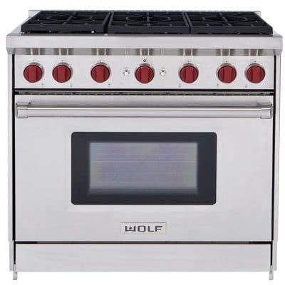Wolf 36 Inch Pro-Style Gas Range GR366,Dual-Stacked Sealed Burners,5.5 Cu  Ft. Convection Oven,Continuous Grates,Infrared Broiler,Red Control