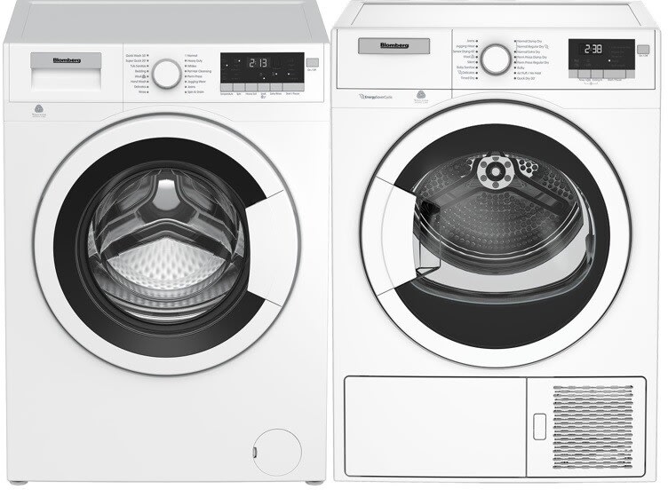 Blomberg BLWADRESX98220 Side by Side Washer Dryer Set with Front Load Washer and Electric Dryer in White