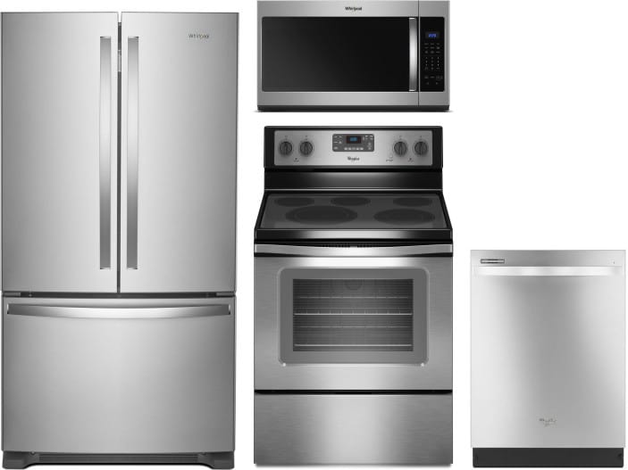 Whirlpool Wpreradwmw1112 4 Piece Kitchen Appliances Package With French Door Refrigerator Electric Range Dishwasher And Over The Range Microwave In Stainless Steel