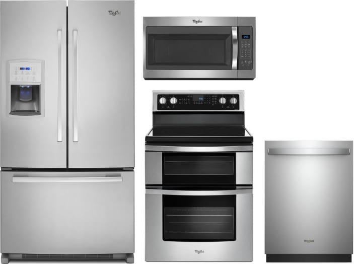 Whirlpool Wpreradwmw7256 4 Piece Kitchen Appliances Package With French Door Refrigerator Electric Range Dishwasher And Over The Range Microwave In Stainless Steel