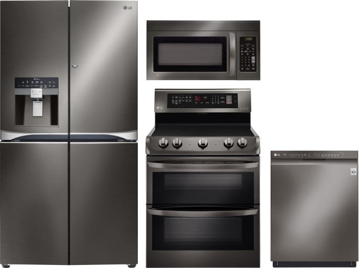 LG LGRERADWMW7353 4 Piece Kitchen Appliances Package with French Door Refrigerator Electric Range Dishwasher and Over the Range Microwave in Black Stainless Steel