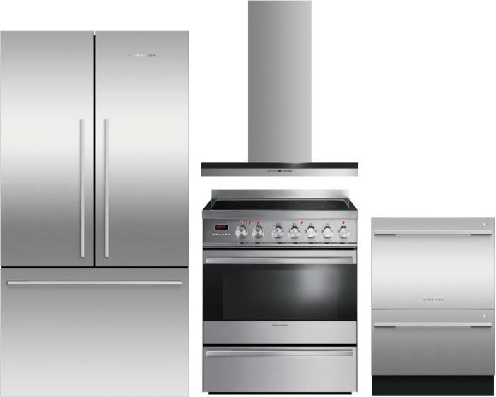 Fisher & Paykel FPRERADWRH142 4 Piece Kitchen Appliances Package with French Door Refrigerator