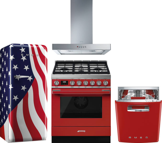 Smeg SMRERADWRH15 4 Piece Kitchen Appliances Package with Top Freezer