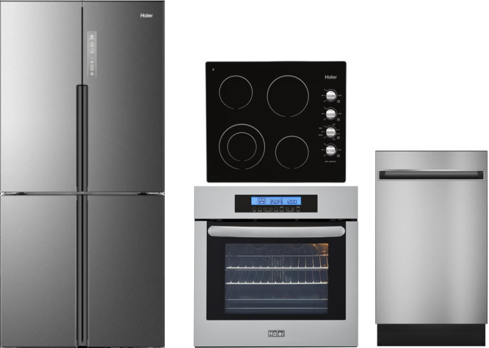 Haier HARECTWODW11 4 Piece Kitchen Appliances Package with French Door ...
