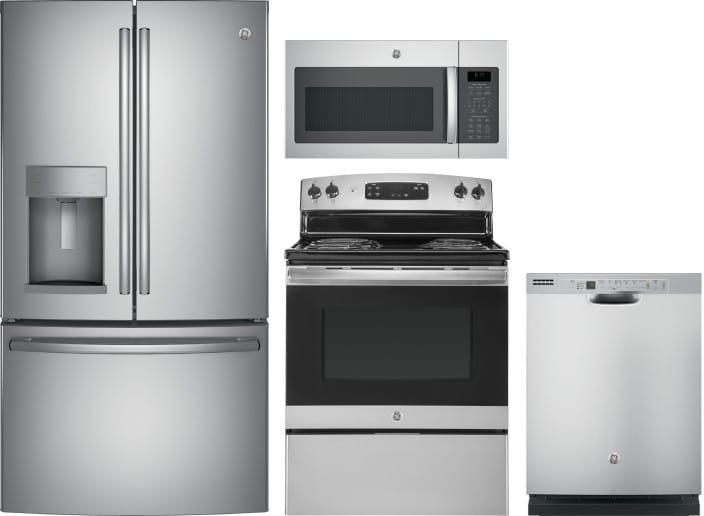 Ge Gereradwmw9821 4 Piece Kitchen Appliances Package With French Door Refrigerator Electric Range Dishwasher And Over The Range Microwave In Stainless Steel