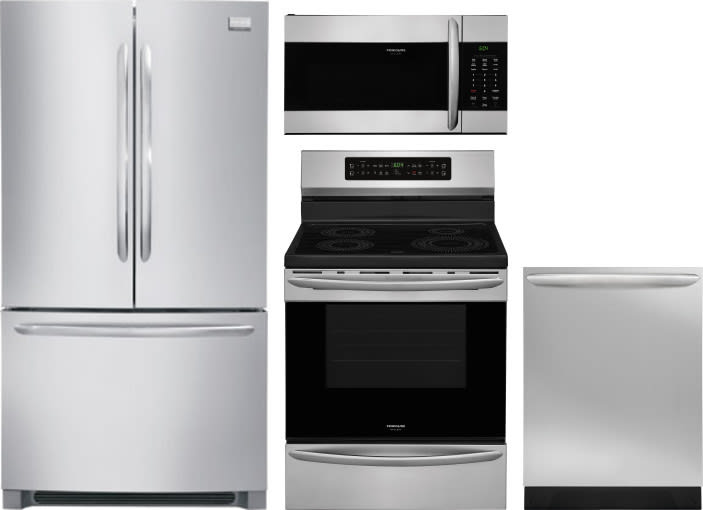 Frigidaire Frreradwmw10204 4 Piece Kitchen Appliances Package With French Door Refrigerator Electric Range Dishwasher And Over The Range Microwave In Stainless Steel