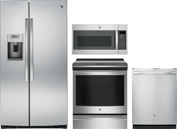 Ge Gereradwmw12152 4 Piece Kitchen Appliances Package With Side By Side Refrigerator Electric Range Dishwasher And Over The Range Microwave In Stainless Steel