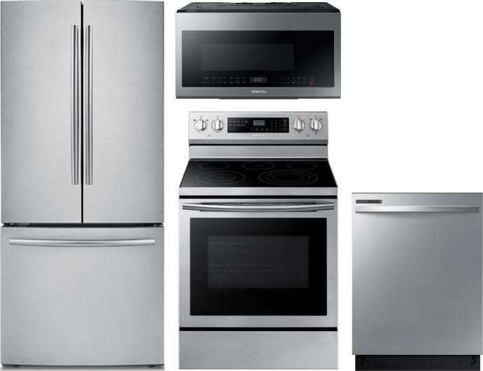 Samsung Sareradwmw4838 4 Piece Kitchen Appliances Package With French Door Refrigerator Electric Range Dishwasher And Over The Range Microwave In Stainless Steel