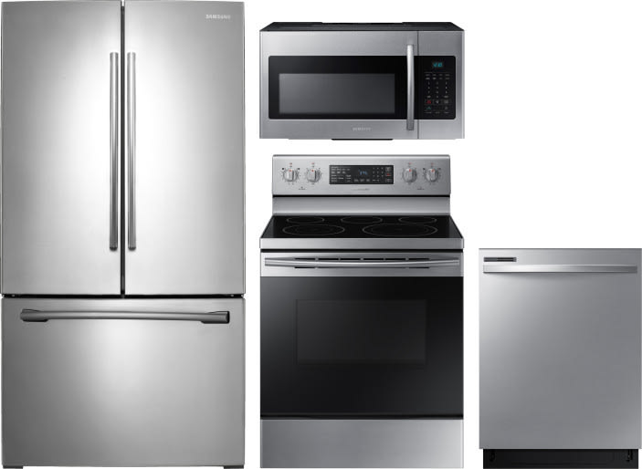 Samsung Sareradwmw4966 4 Piece Kitchen Appliances Package With French Door Refrigerator Electric Range Dishwasher And Over The Range Microwave In Stainless Steel
