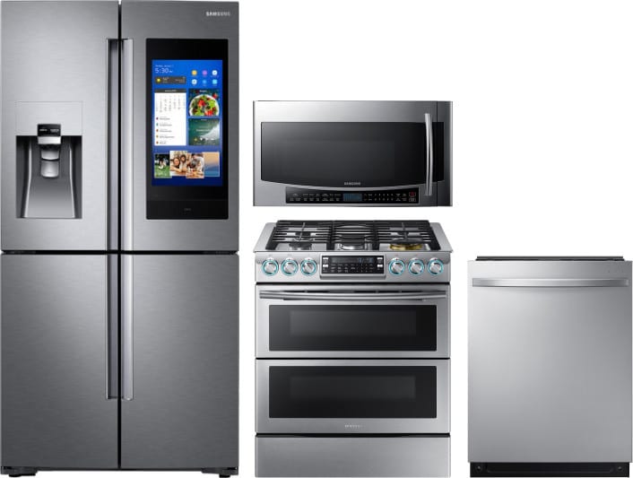 Samsung Sareradwmw10447 4 Piece Kitchen Appliances Package With French Door Refrigerator Gas Range Dishwasher And Over The Range Microwave In Stainless Steel