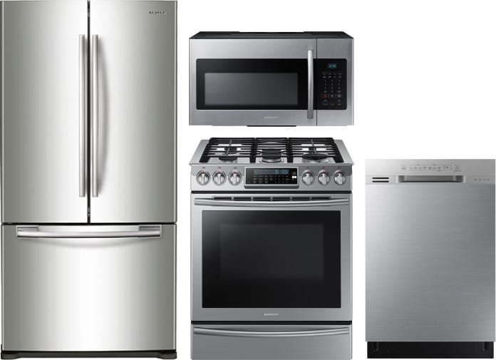 Samsung Sareradwmw8889 4 Piece Kitchen Appliances Package With French Door Refrigerator Gas Range Dishwasher And Over The Range Microwave In Stainless Steel