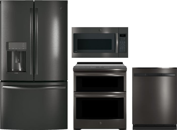 Ge Gereradwmw102820 4 Piece Kitchen Appliances Package With French Door Refrigerator Electric Range Dishwasher And Over The Range Microwave In Black Stainless Steel