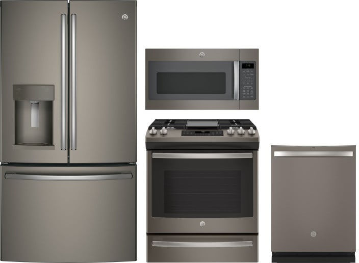 Ge Gereradwmw102829 4 Piece Kitchen Appliances Package With French Door Refrigerator Gas Range Dishwasher And Over The Range Microwave In Slate
