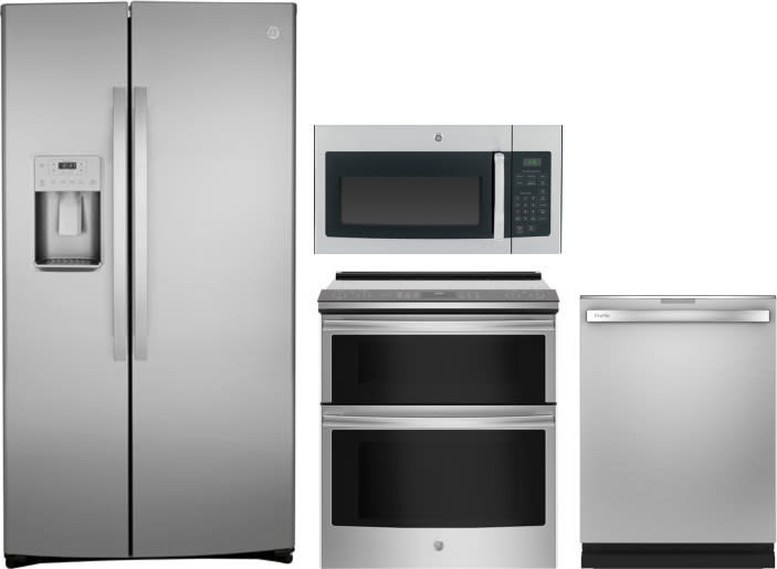 Ge Gereradwmw103133 4 Piece Kitchen Appliances Package With Side By Side Refrigerator Electric Range Dishwasher And Over The Range Microwave In Stainless Steel