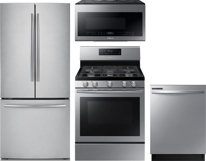 Samsung Sareradwmw12519 4 Piece Kitchen Appliances Package With French Door Refrigerator Gas Range Dishwasher And Over The Range Microwave In Stainless Steel