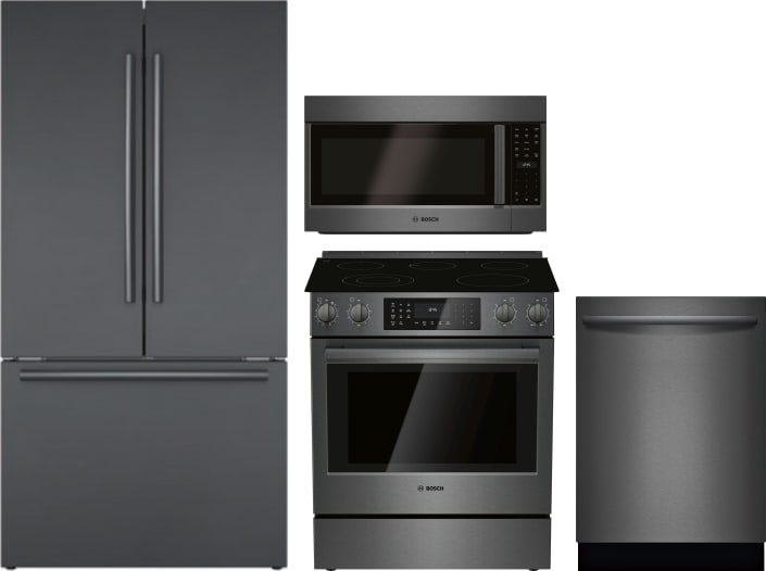 Bosch Boreradwmw8892 4 Piece Kitchen Appliances Package With French Door Refrigerator Electric Range Dishwasher And Over The Range Microwave In Black Stainless Steel