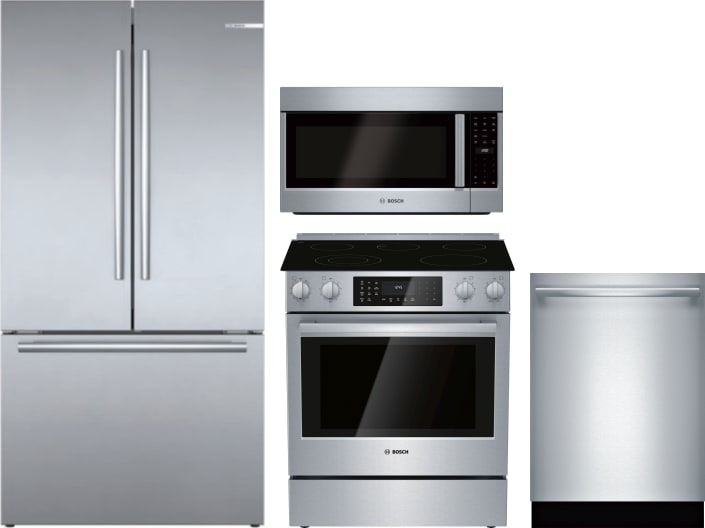 Bosch Boreradwmw1828 4 Piece Kitchen Appliances Package With French Door Refrigerator Electric Range Dishwasher And Over The Range Microwave In Stainless Steel