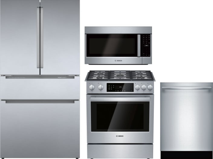 Bosch Boreradwmw241 4 Piece Kitchen Appliances Package With French Door Refrigerator Gas Range Dishwasher And Over The Range Microwave In Stainless Steel