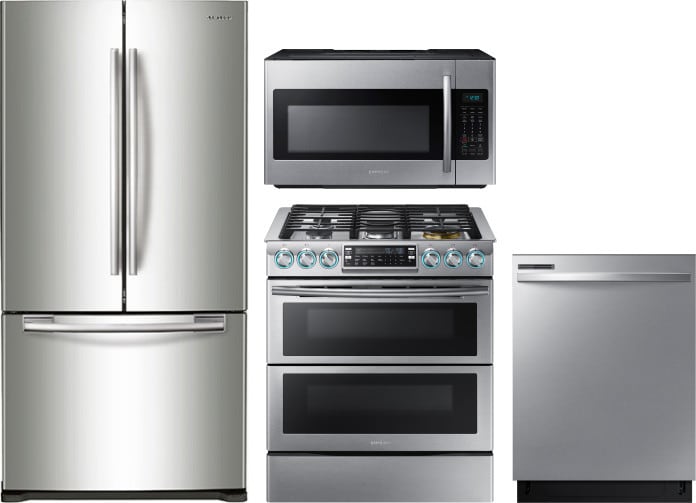 Samsung Sareradwmw6002 4 Piece Kitchen Appliances Package With French Door Refrigerator Gas Range Dishwasher And Over The Range Microwave In Stainless Steel