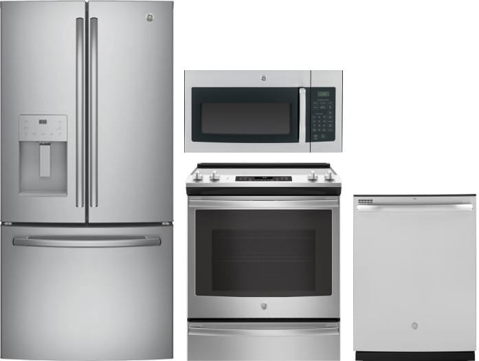 Ge Gereradwmw4022 4 Piece Kitchen Appliances Package With French Door Refrigerator Electric Range Dishwasher And Over The Range Microwave In Stainless Steel