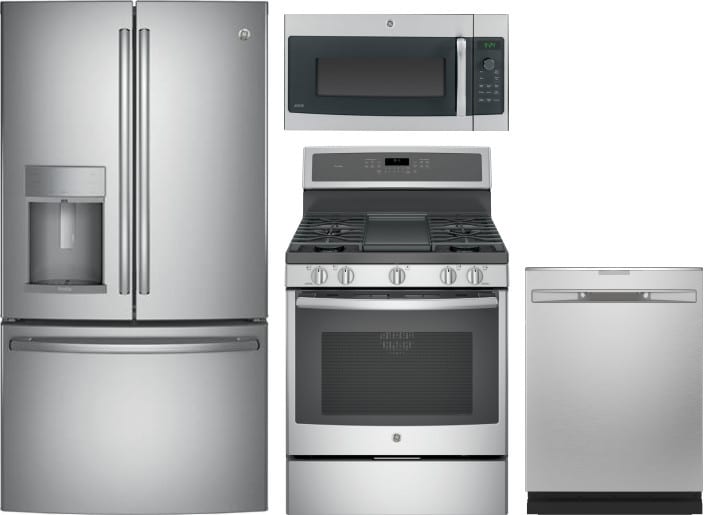 Ge Gereradwmw6056 4 Piece Kitchen Appliances Package With French Door Refrigerator Gas Range Dishwasher And Over The Range Microwave In Stainless Steel