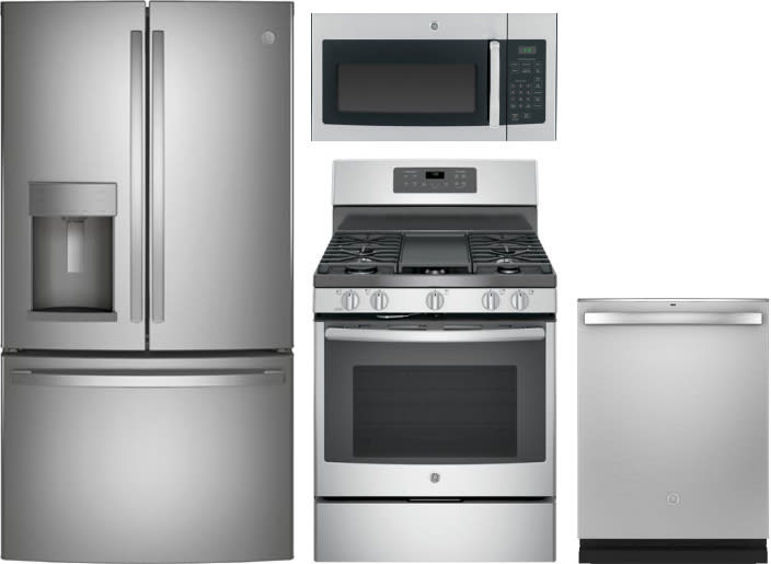 Ge Gereradwmw6080 4 Piece Kitchen Appliances Package With French Door Refrigerator Gas Range Dishwasher And Over The Range Microwave In Stainless Steel