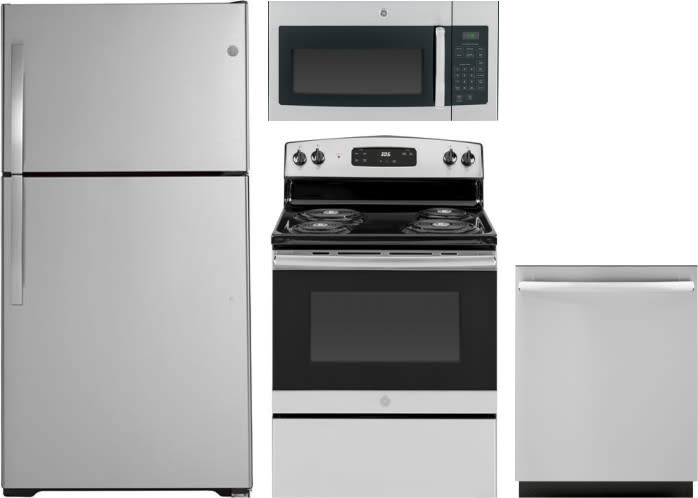 Ge Gereradwmw6542 4 Piece Kitchen Appliances Package With Top Freezer Refrigerator Electric Range Dishwasher And Over The Range Microwave In Stainless Steel