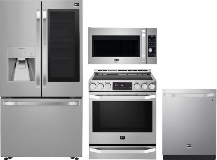Lg Lgreradwrh120 4 Piece Kitchen Appliances Package With French Door Refrigerator Electric Range Dishwasher And Over The Range Microwave In Stainless Steel