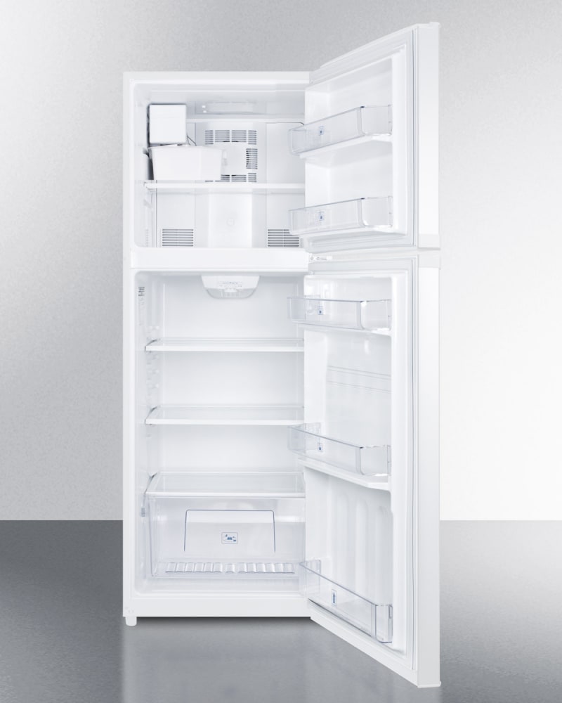 Summit FF1427SSIM 26 Inch Counter-Depth Top Freezer Refrigerator with 12.9  Cu. Ft. Total Capacity, Adjustable Spill-Proof Shelving, Produce Drawer,  Interior Light, Frost-Free, Factory-installed Icemaker, and 100% CFC Free:  Stainless Steel with Ice