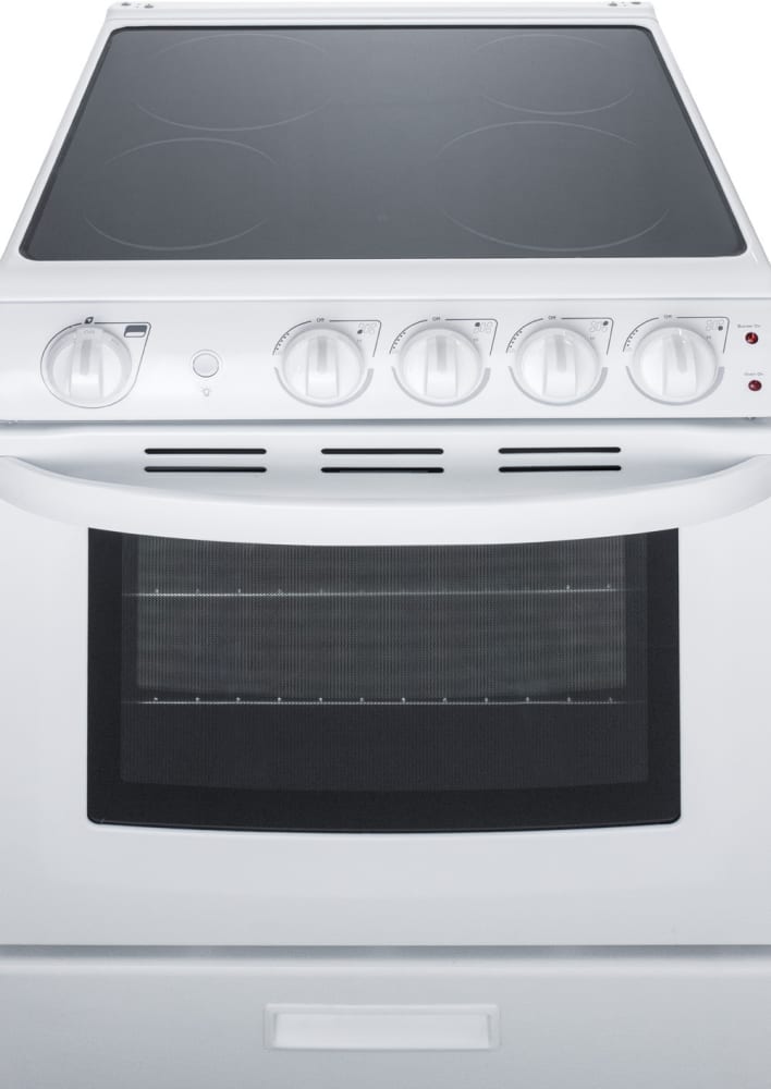 Summit REX2421WRT 24 Inch Slide-In Electric Range with Storage Drawer, Removable Backguard, Waist-High Broiler, Upfront Controls, Push-To-Turn Knobs, and Four Cooking Zones