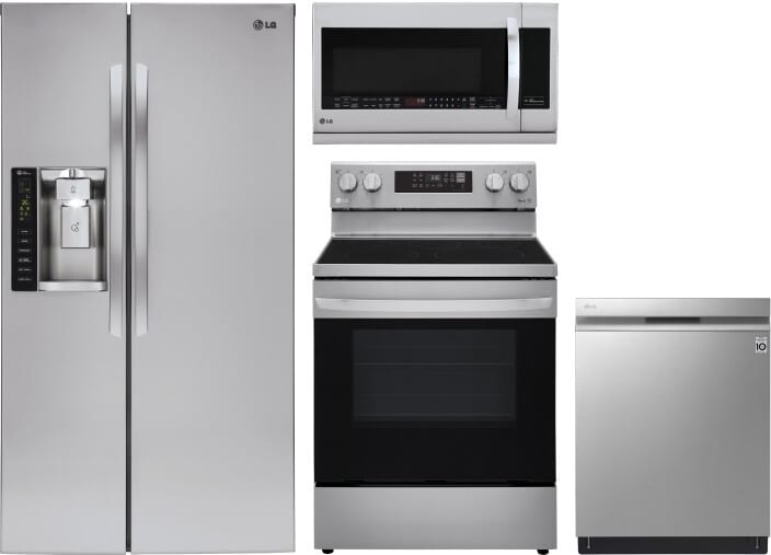 Lg Lgreradwmw6806 4 Piece Kitchen Appliances Package With Side By Side Refrigerator Electric Range Dishwasher And Over The Range Microwave In Stainless Steel