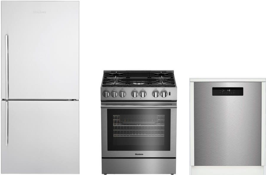 Blomberg BLRERADW304 4 Piece Kitchen Appliances Package with Bottom Freezer Refrigerator, Gas