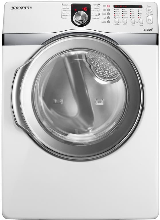 Samsung Dv410agw 27 Inch Gas Steam Dryer With 7 4 Cu Ft Capacity 11 Preset Drying Cycles Sensor Drying Technology Stainless Steel Drum And Center Soft Touch Dial Neat White