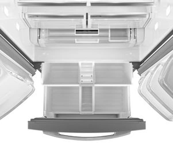 Maytag MFT2673BEM 26.1 cu. ft. French Door Refrigerator with 4  Spill-Catcher Glass Shelves, LED Interior Lighting, SmoothClose Freezer  Drawer, External Water/Ice Dispenser and Better Built Refrigerator  Compressor: Stainless Steel