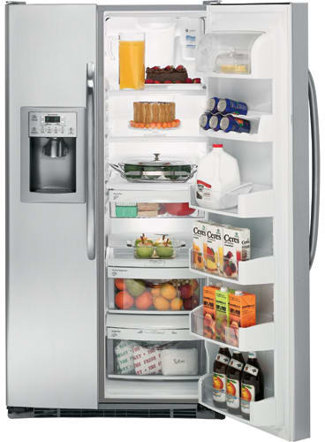 GE GSL25XGWSS 25.4 cu. ft. Side by Side Refrigerator with 3 Glass Shelves Gallon Door Storage 2 Stack Drawer System and External Water Ice Dispenser Temperature Controls