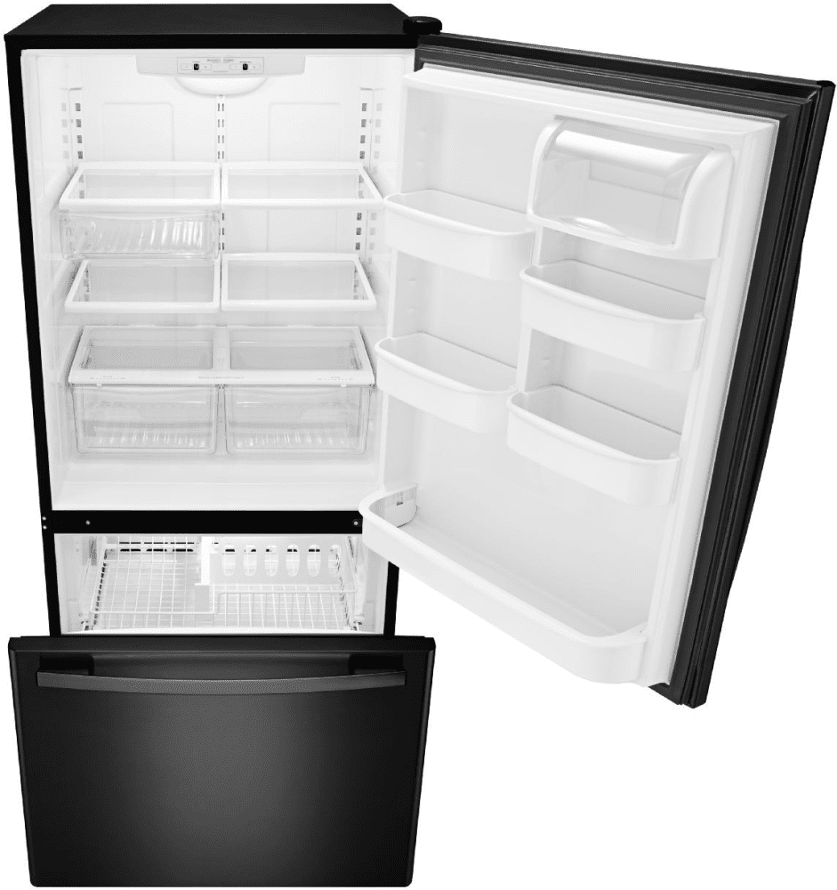 Amana ABB2224BRB 21.9 cu. ft. Bottom Freezer Refrigerator with Spillsaver Glass Shelves, Adjustable Door Bins and Easyfreezer Pull-out Drawer: Black